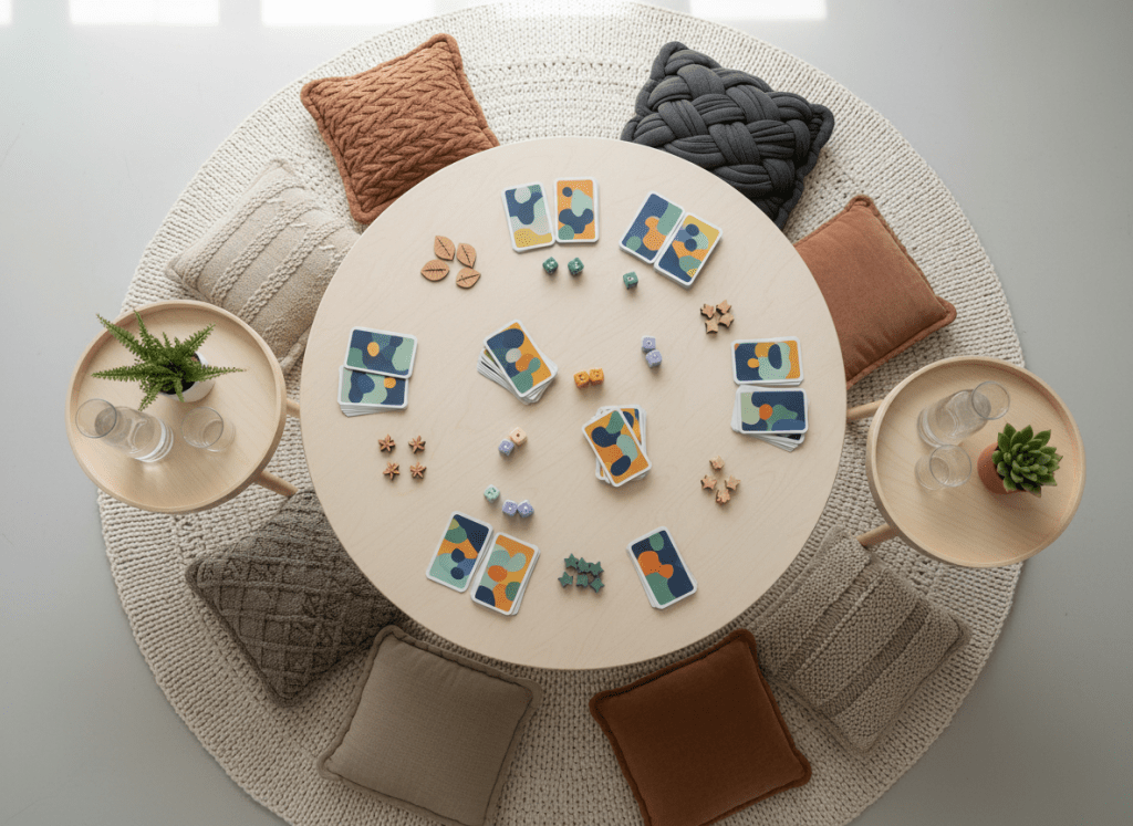 An overhead photographic view of a minimalist, modern play space designed for group wellness activities without showing any people. A large, light-wood table is covered with neatly organized stacks of colorful cards featuring abstract shapes, dice with calming pastel tones, and small wooden markers shaped like leaves and stars. Around the table are several different textured cushions on the floor, a woven rug, and a couple of low side tables holding water carafes and small potted plants. Soft, even natural daylight fills the room, reducing harsh shadows and keeping everything clear. The composition is clean and airy, with sharp focus across the image, conveying an atmosphere of joyful, shared play that supports relaxation and well-being.