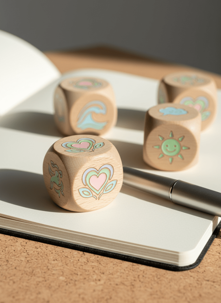 A close-up photographic shot of a set of custom-made wooden dice with smooth, rounded edges and engraved icons symbolizing emotions, gratitude, and self-care, the engravings filled with pastel colors. The dice are scattered across an open, unlined journal with a pen resting nearby, on a pale cork desk surface. Soft, diffused daylight from the side creates delicate shadows and highlights the wood grain and engraved details. The composition uses a shallow depth of field, focusing on one prominent die in the foreground while the rest gently blur, conveying a gentle, reflective mood that combines playful decision-making with personal well-being practices.