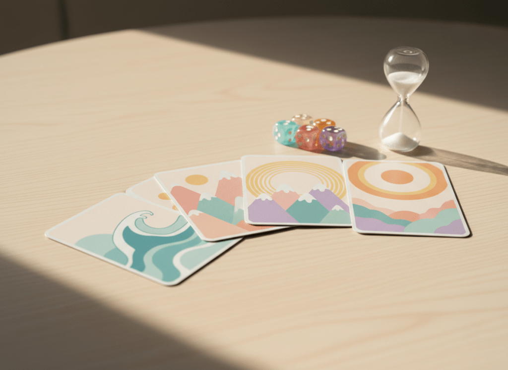 A bright, playful close-up of a wellness-themed card game in progress, without any hands or players visible. Several illustrated cards lie fanned out on a pale wooden table, each card featuring a different calming scene such as abstract waves, mountains, or radiating circles in harmonious pastel colors. Beside them, a small cluster of multi-colored resin dice and a sand timer with soft white sand add tactile interest. Morning sunlight from the side creates subtle highlights on the glossy card surfaces and gentle shadows along their edges. Photographic realism, shot from a slightly low angle at tabletop height, with a shallow depth of field that keeps the central card group crisp while the sand timer and background fade into a soft, inviting blur, evoking focused, joyful engagement and relaxation.