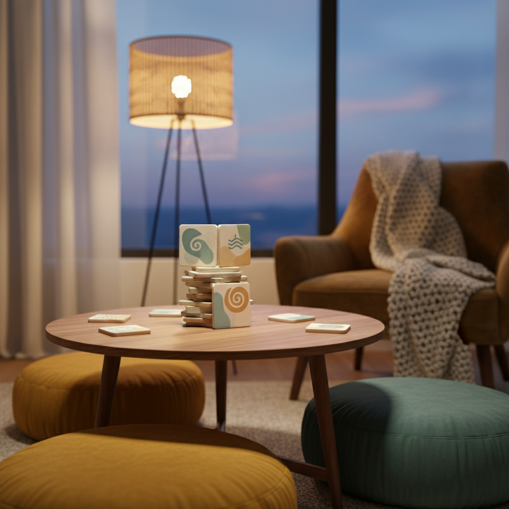 A cozy game corner with a low, round wooden table holding a neatly stacked pile of wellness-themed board game tiles, each tile decorated with abstract shapes suggesting breathing, movement, and relaxation. Around the table, there are colorful floor cushions and a plush throw blanket draped over a nearby armchair. Soft warm light from a floor lamp mixes with dim natural evening light from a nearby window, creating gentle pools of brightness on the tabletop. Photographic style, eye-level composition using the rule of thirds, with sharp focus on the game tiles and a softly blurred, inviting background, evoking comfort, playful curiosity, and relaxation through game-based well-being.