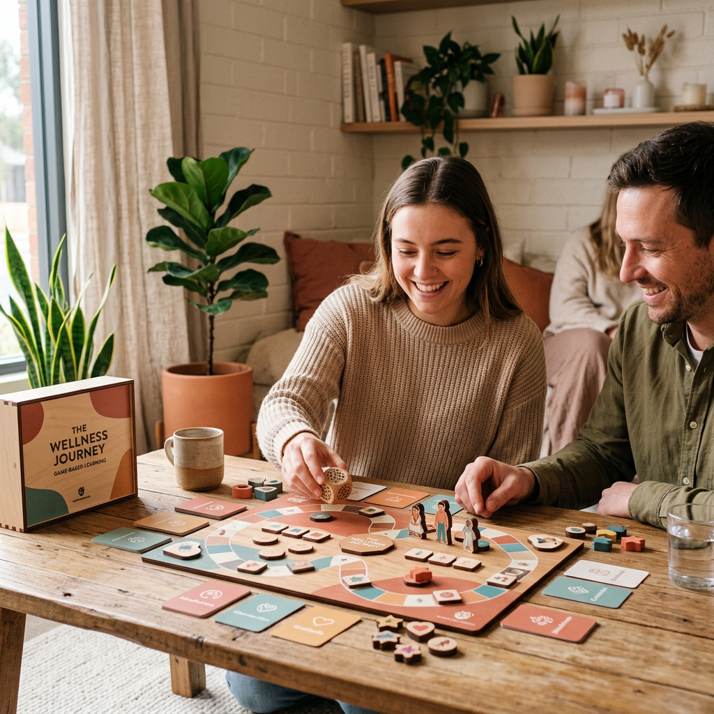 Two people playing The Wellness Journey board game on a wooden table